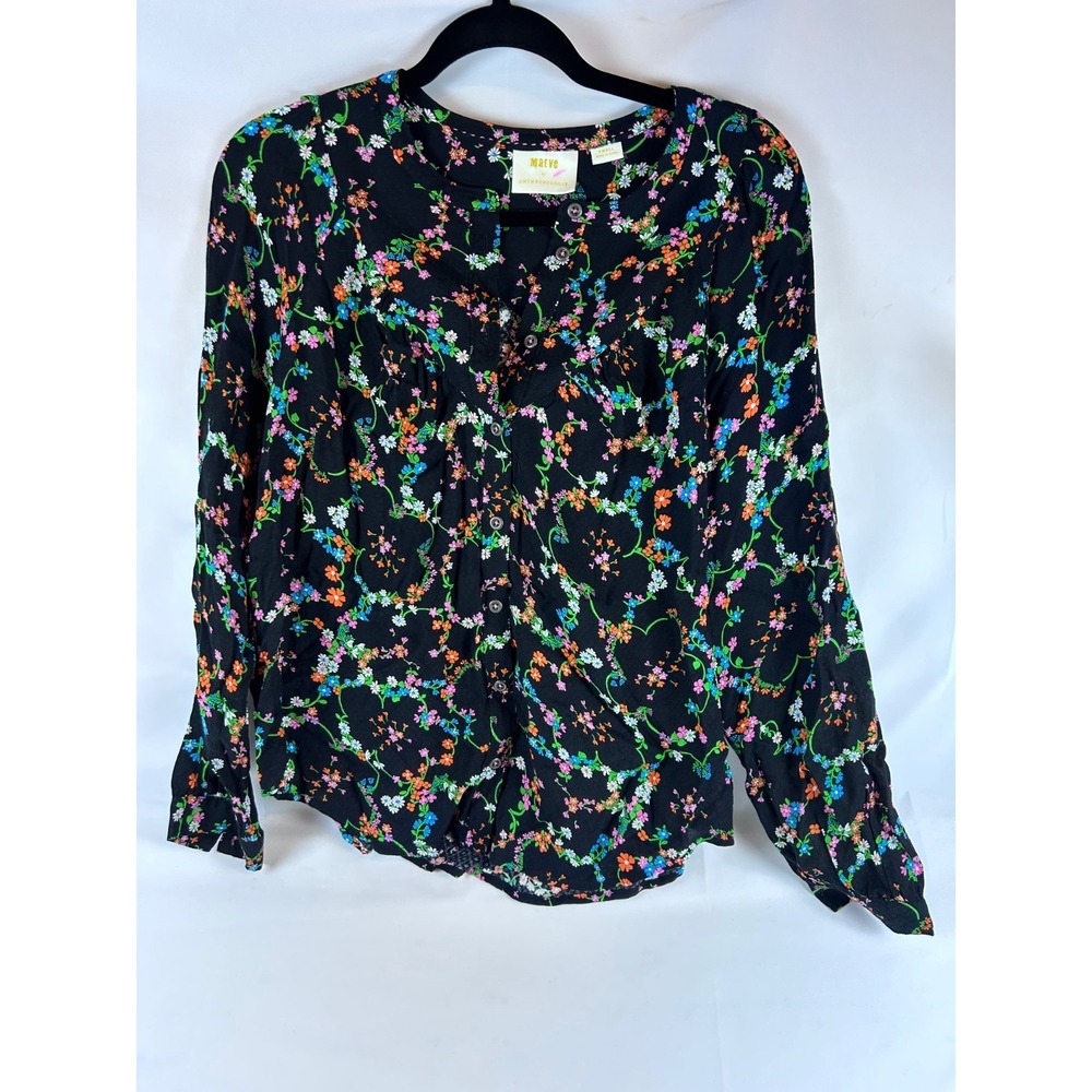 Maeve Anthropologie Button‎ Down Floral Scoop Neck Blouse S Whimsical Boho Chic